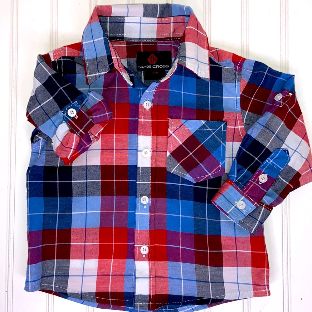 Swiss Cross Plaid Short Sleeve Button Down Shirt Size 18 M